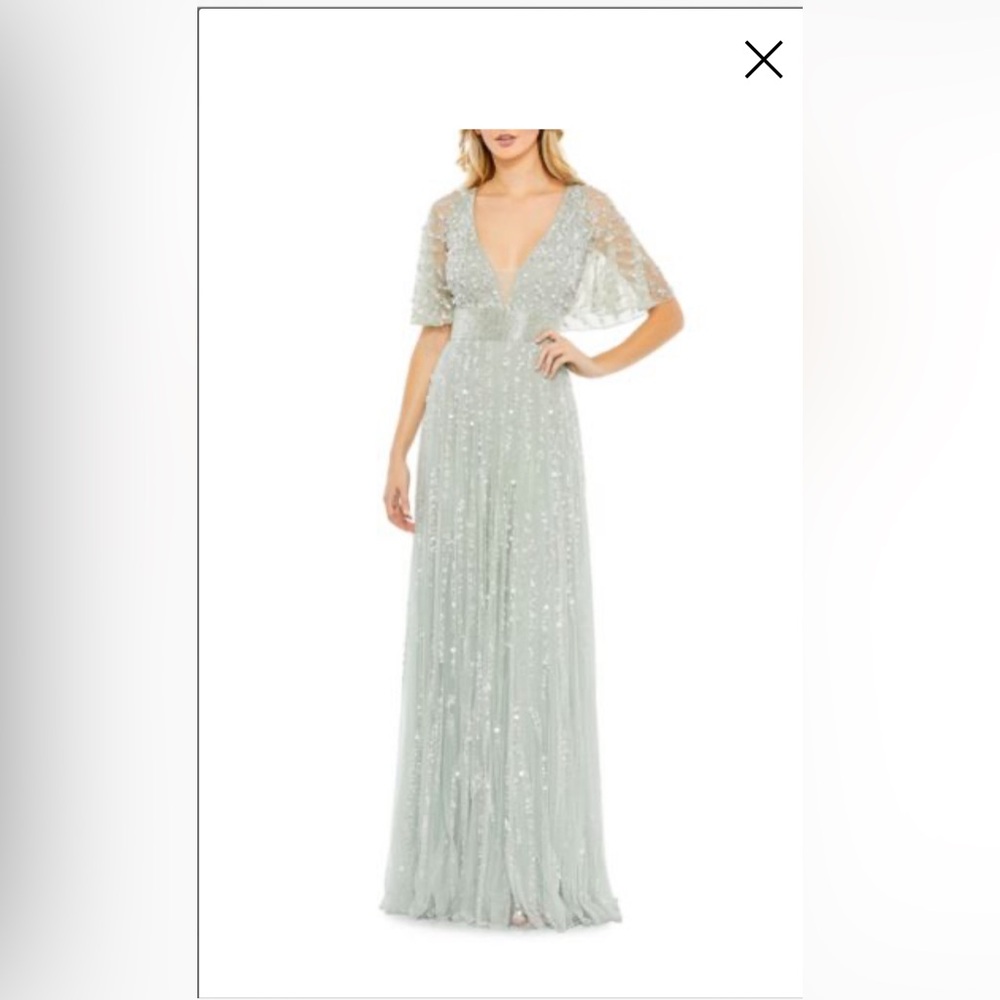 Mac Duggal beaded cape column gown in mint color